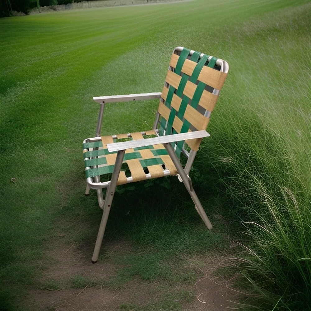 Vintage Aluminum Lawn Chair Webbed Patio Folds‎ Up Deck Camping Green Brown